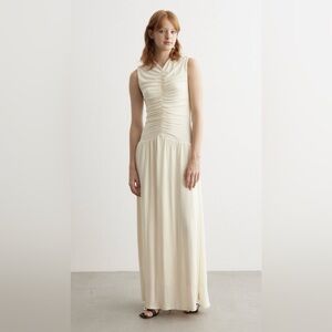 NEW ANNA QUAN Isla Shirred Drop-Waist Midi Dress Ivory Cream Fleur